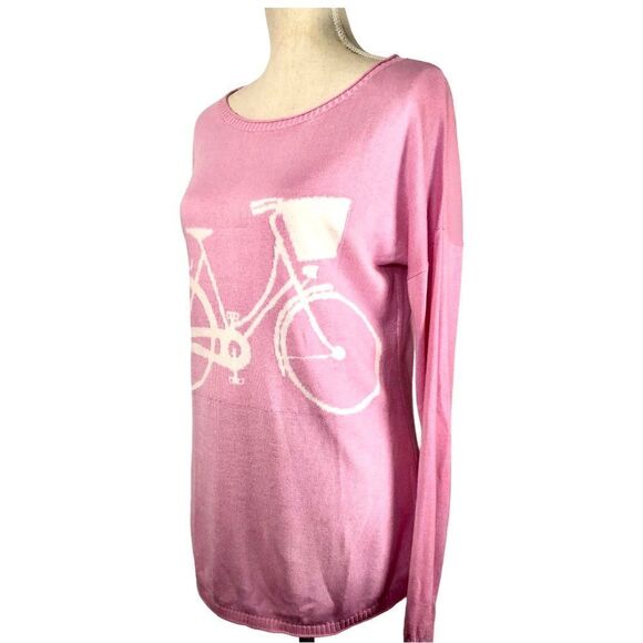 Dunffield Lane Pink Sweater Bicycle Print Silk Blend Barbie Pink Size Small - Picture 3 of 10
